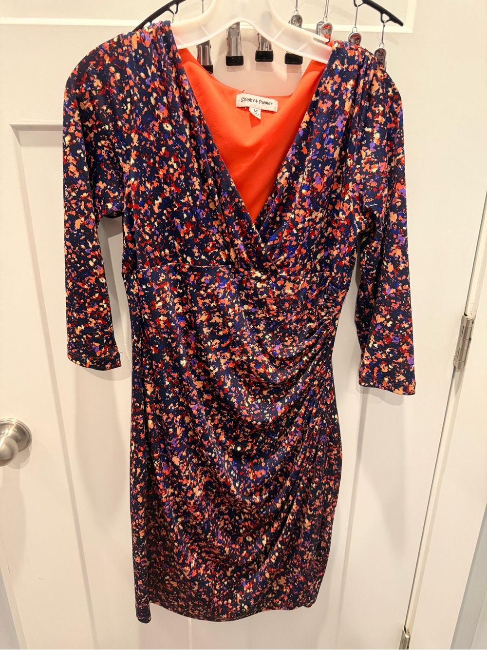 Shelby & Palmer Women’s Medium Abstract Print Faux Wrap Ruched Dress 3/4 Sleeve